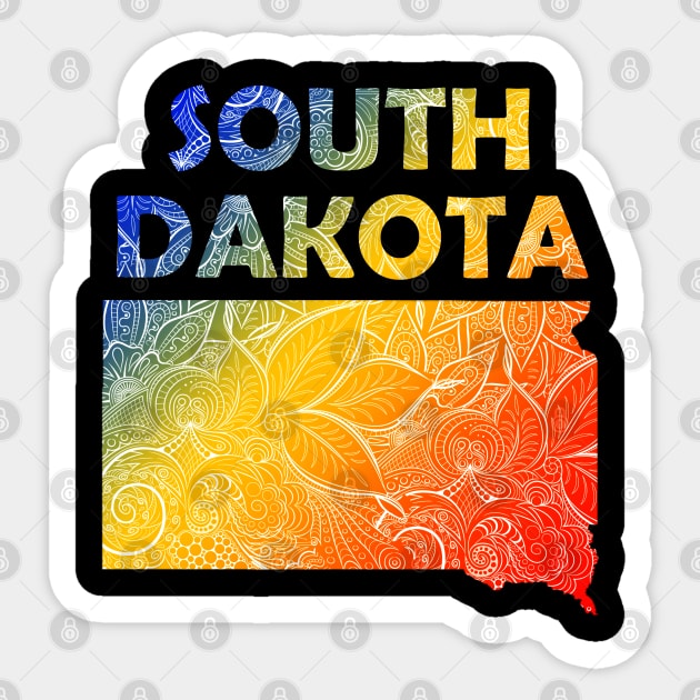 Colorful mandala art map of South Dakota with text in blue, yellow, and red Sticker by Happy Citizen